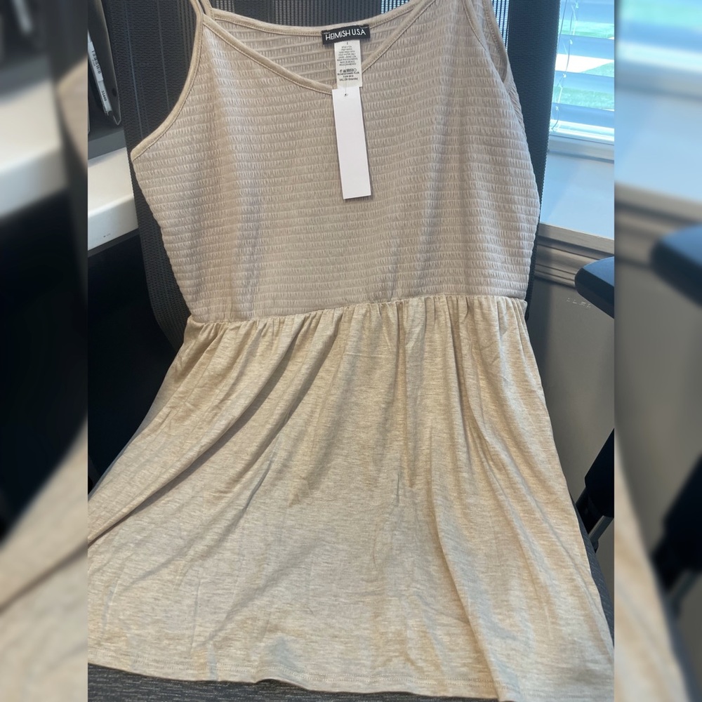 Smocked Babydoll Style Sleeveless Tunic - Oatmeal